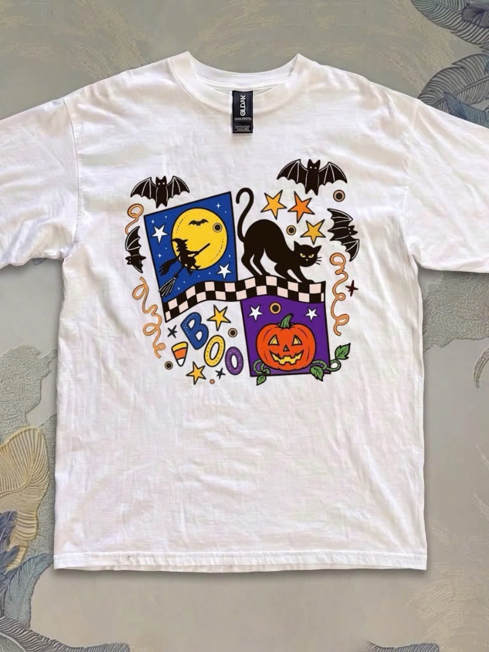 Gildan White Kids Halloween Tee with Black Cat, Pumpkin & Bats